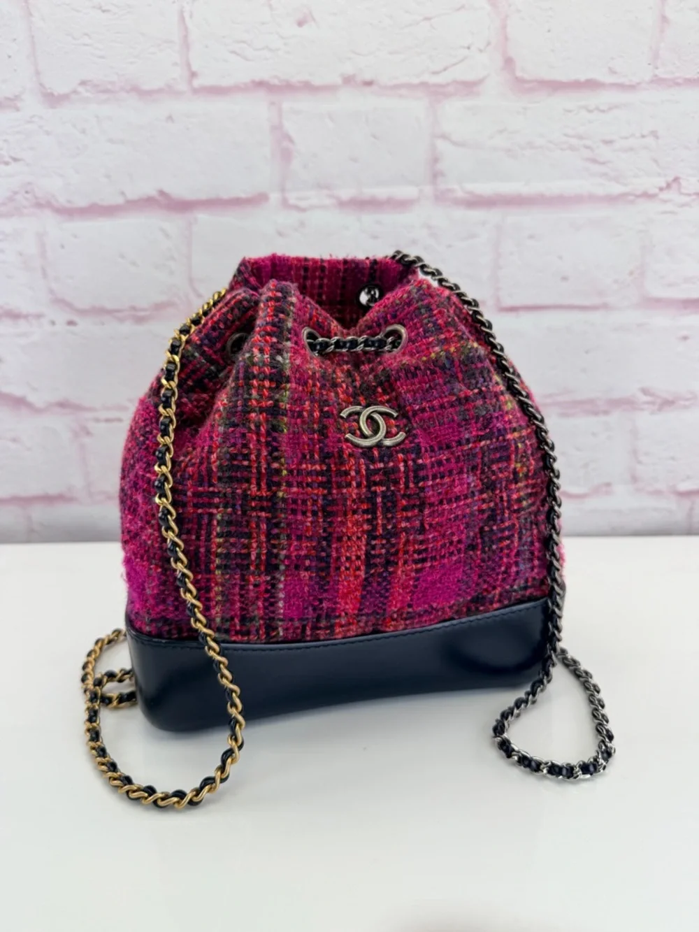 Chanel Tweed Calfskin Quilted Gabrielle Backpack Pink Multicolor